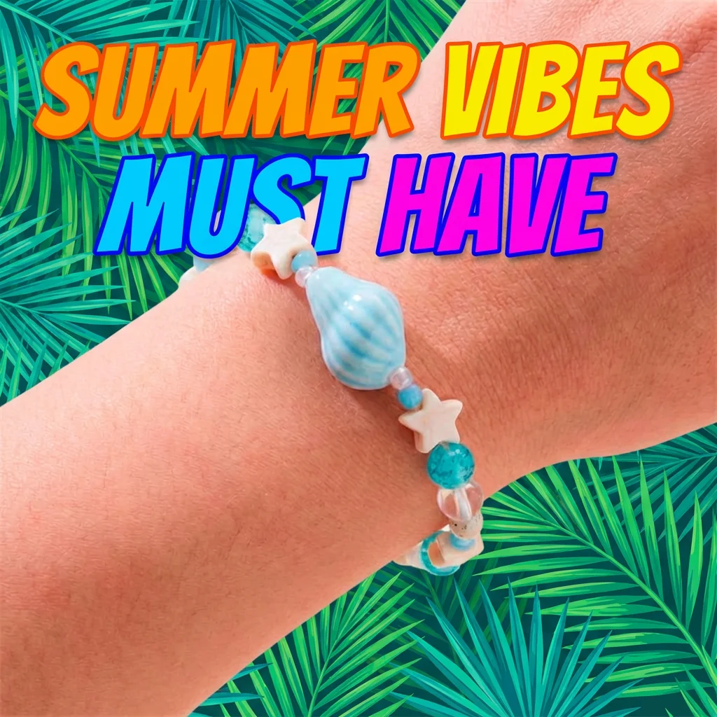 Sommerliches Armband im Ozean-Stil: Blaues Muschel-Perlenarmband für Damen mit Seestern-Anhänger, dehnbarer Armreif, Urlaubs-Strandschmuck, Ästhetik – Detail 1