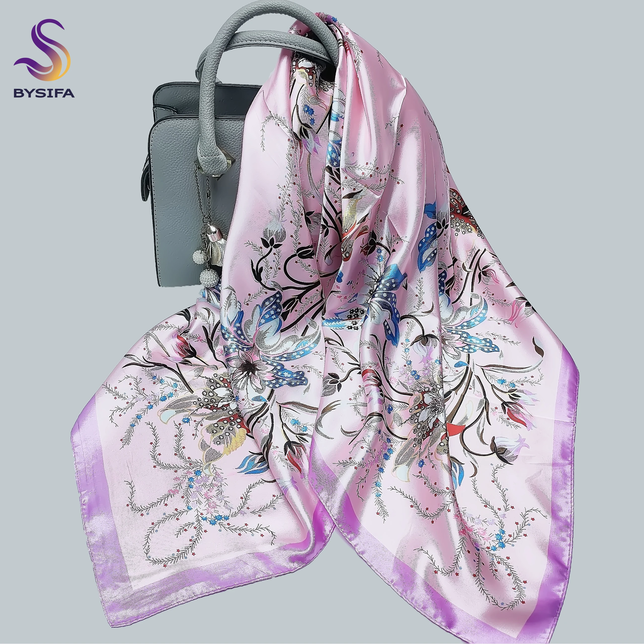 [BYISFA] Ladies Silk Scarf Shawl Elegant Floral Design Satin Square Scarves Print New Brand Women Purple Pink Silk Scarf 90*90cm