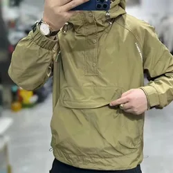 New American Workwear Men Big Pocket Raglan Hooded Jackets Half Zipper Pullover Hoodies Windbreaker Coat Casual Loose Outwear