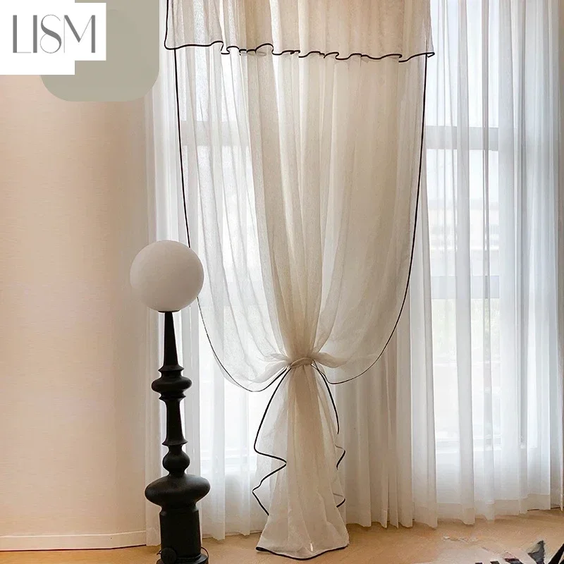 Retro Cream Linen White Tulle Sheer Curtains for Living Room Luxury Bedroom Dining Balcony Black Edge Blackout Gauze Window Door