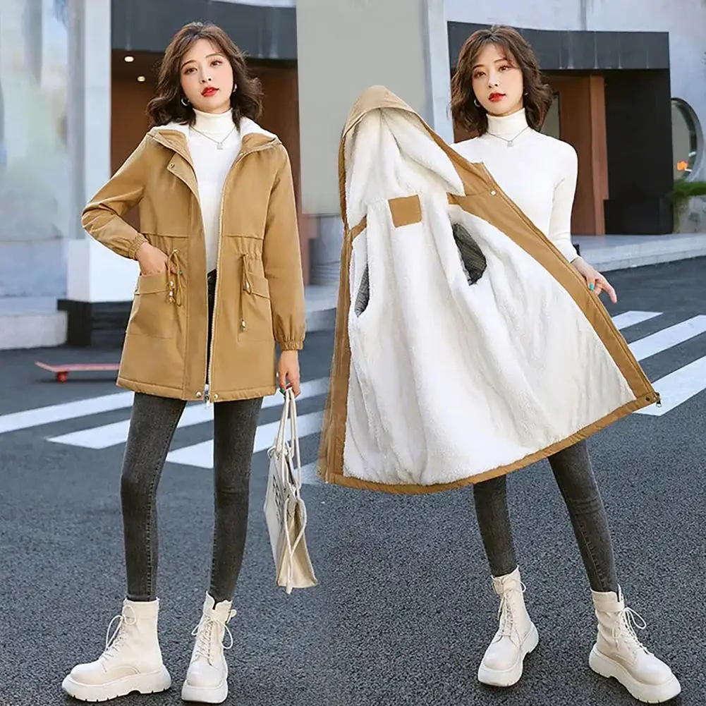 Soft Warm Women Coat Cozy Hooded Plush Women's Trench Coat with Warm Zipper Closure Mid Length Fall Winter Solid for Weather