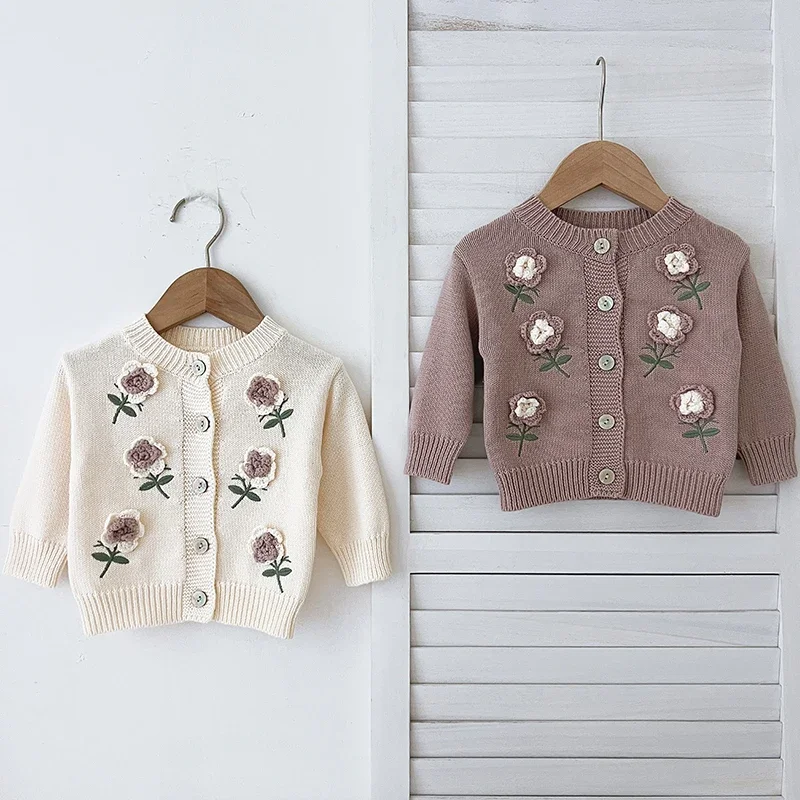 Herbst Infant Baby Mädchen Stricken Strickjacke Baumwolle Blume Stickerei Langarm Strickjacke Mantel Frühling Kleinkind Baby Mädchen Pullover