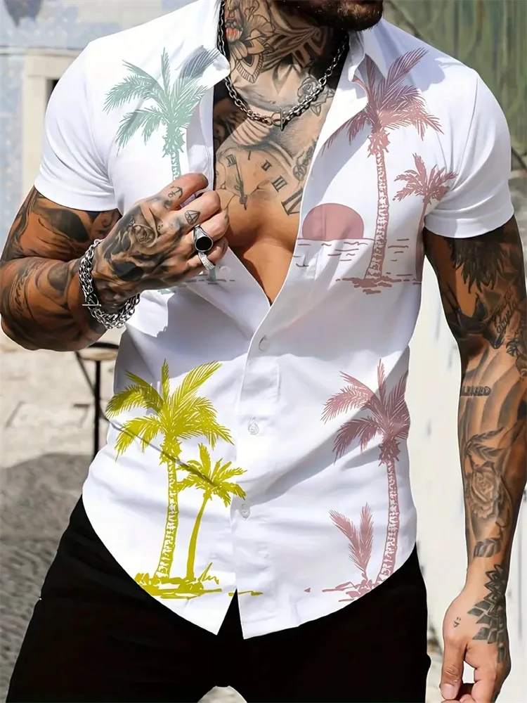 

Summer Breathable Men's Shirts Flip Collar Temperament Buttons Hawaii Short-Sleeved T-Shirt Casual Coconut Men's Fashion Shirt