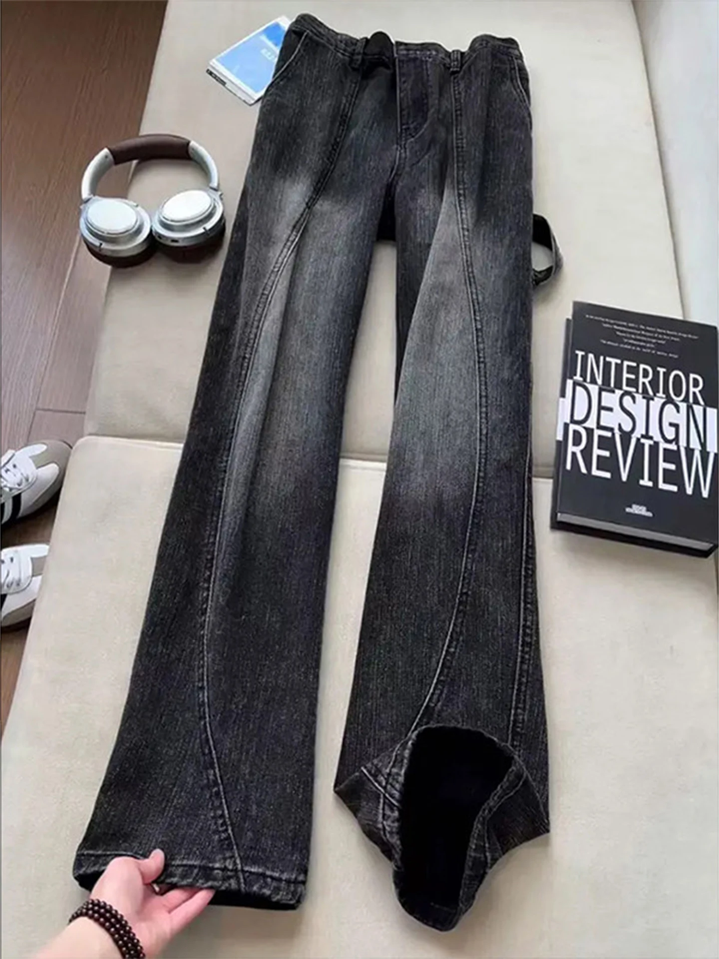 

Cleanfit Bla Bamboo Texture Slant Cut Knife Jeans Men's American High Street Straight Leg Micro Flare Workwear Pants