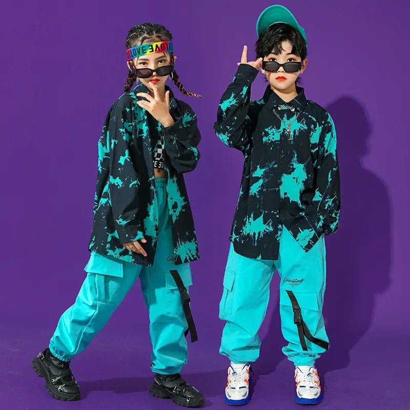 Spring Kids Tie Dye Shirt Long Sleeve Top Cargo Pants Cool Dance Suit Children Girl Boys Hip Hop Street Clothes Teens Tracksuit