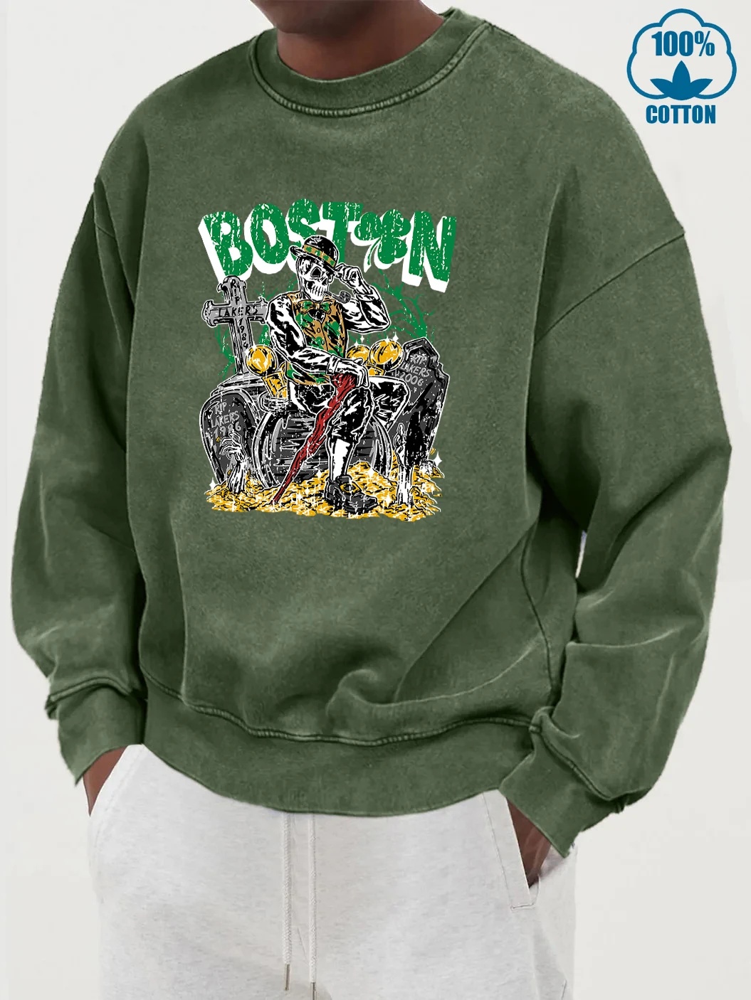 Boston Gentleman Skelett Muster Mode Männlich Gewaschene Baumwolle Sweatshirt High Street Oversize Pullover Hip Hop All-Match Tops