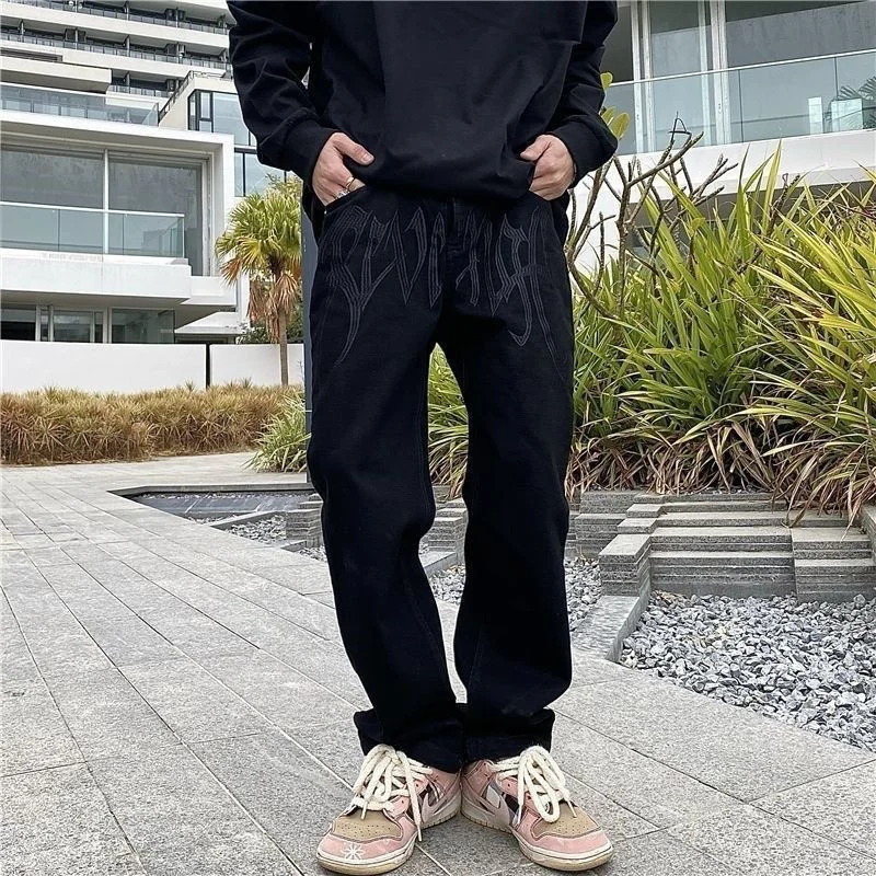 

High Street Male Straight Tube Loose Black Jeans Trousers Embroidery Letters Y2K Unisex Casual Hip Hop Retro Versatile Pants