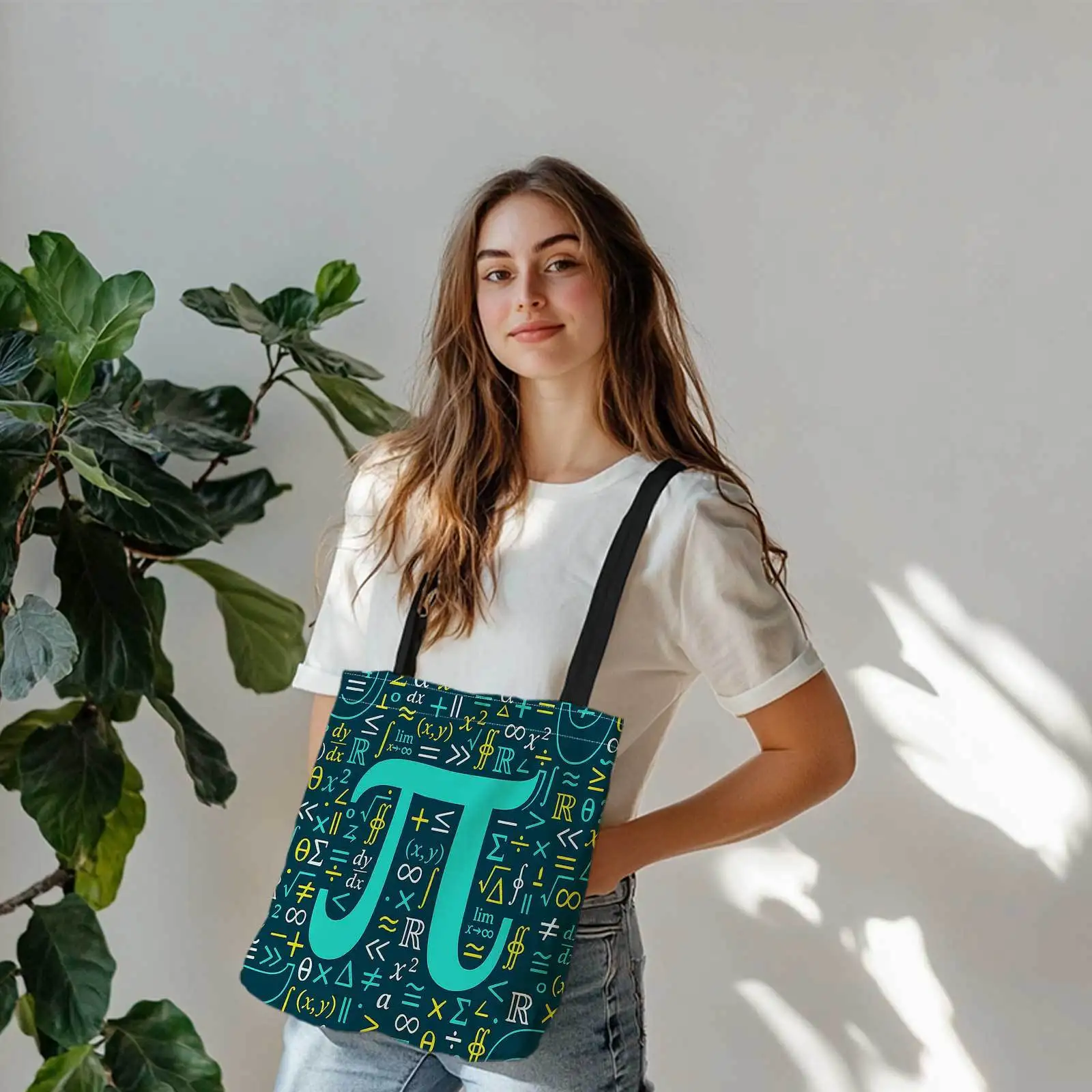 Double-Sided Printed Shopping Tote Bag with Mathematical Symbols, Pi (π), and Formulas on Teal Background. Lightweight, Foldable view 5