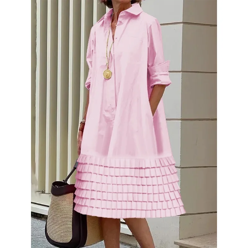 Tuhle 100% algodão vestidos femininos senhora do escritório sólido em camadas turn down collar manga longa botão elegante mini vestido 2025 160763