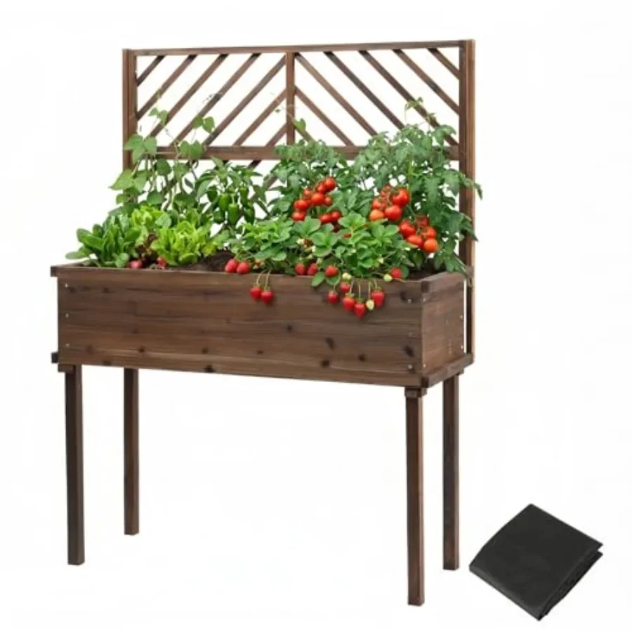 Wooden Raised Garden Bed with Trellis, Elevated Planter Box with Legs and Drainage Holes, Bed Liner Included, for Climbing Plan