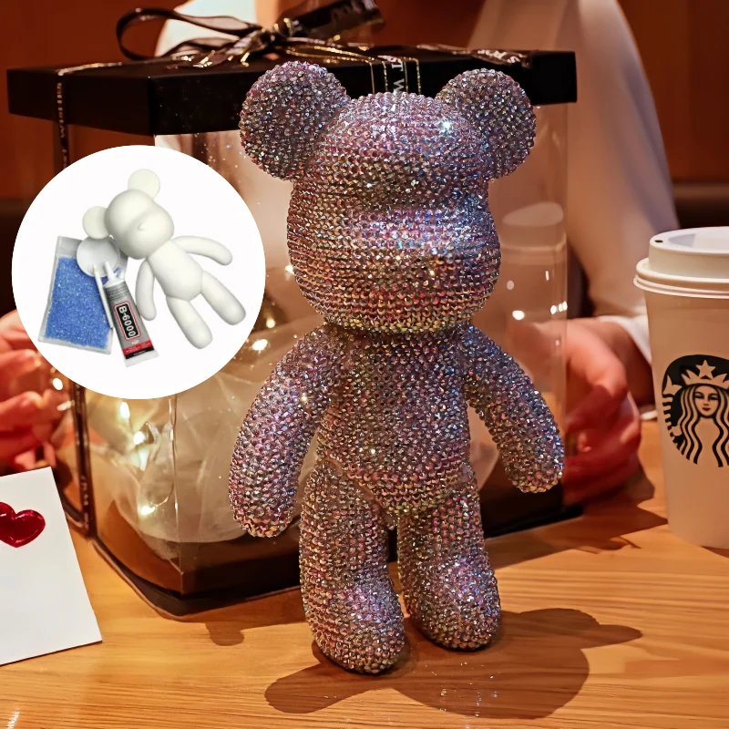 DIY Rhinestones Bear Figurines Painting Kawaii Animal Sculpture Crystal Diamond Bear Statue Home Accessories Desk Decoration