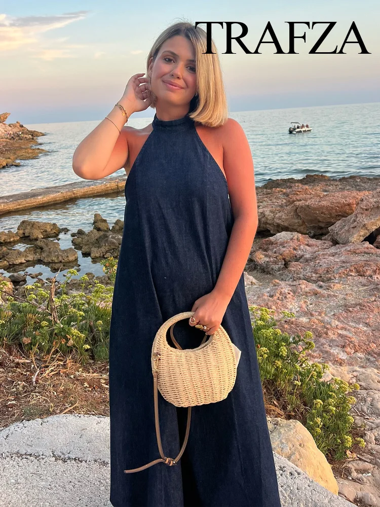 

HH Summer Woman Elegant Denim Hanging Neck Collar Long Dress Zipper Fashion Female Sleeveless Solid Pleated Dresses Trendy