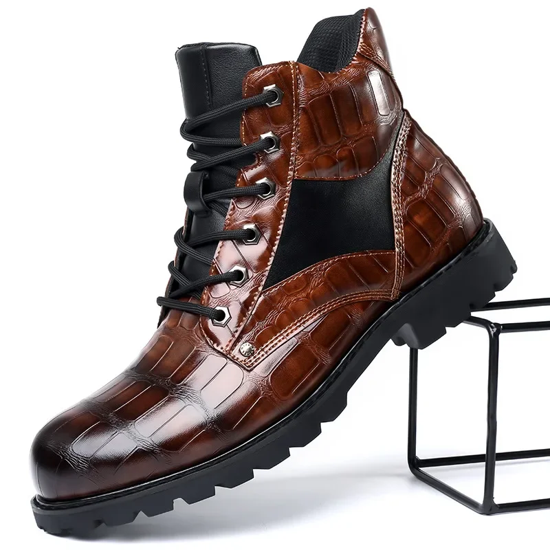 Size 38-48 Classic Design New Men's Ankle Boots Handsome Thick Sole Patent Leather Crocodile Lines Men's Short Motorcycle Boots