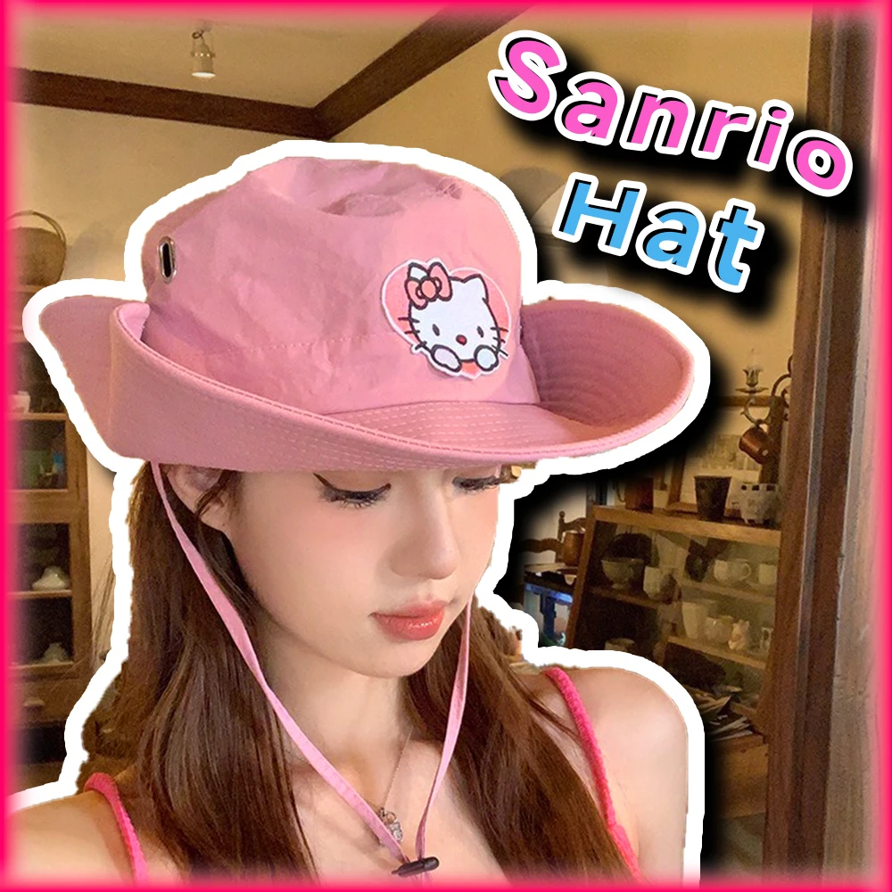 Sombrero de cubo con protección UV para niñas y mujeres, gorro Kawaii rosa de Hello Kitty, Sanrio, Anime, Boonie, grande, a la moda