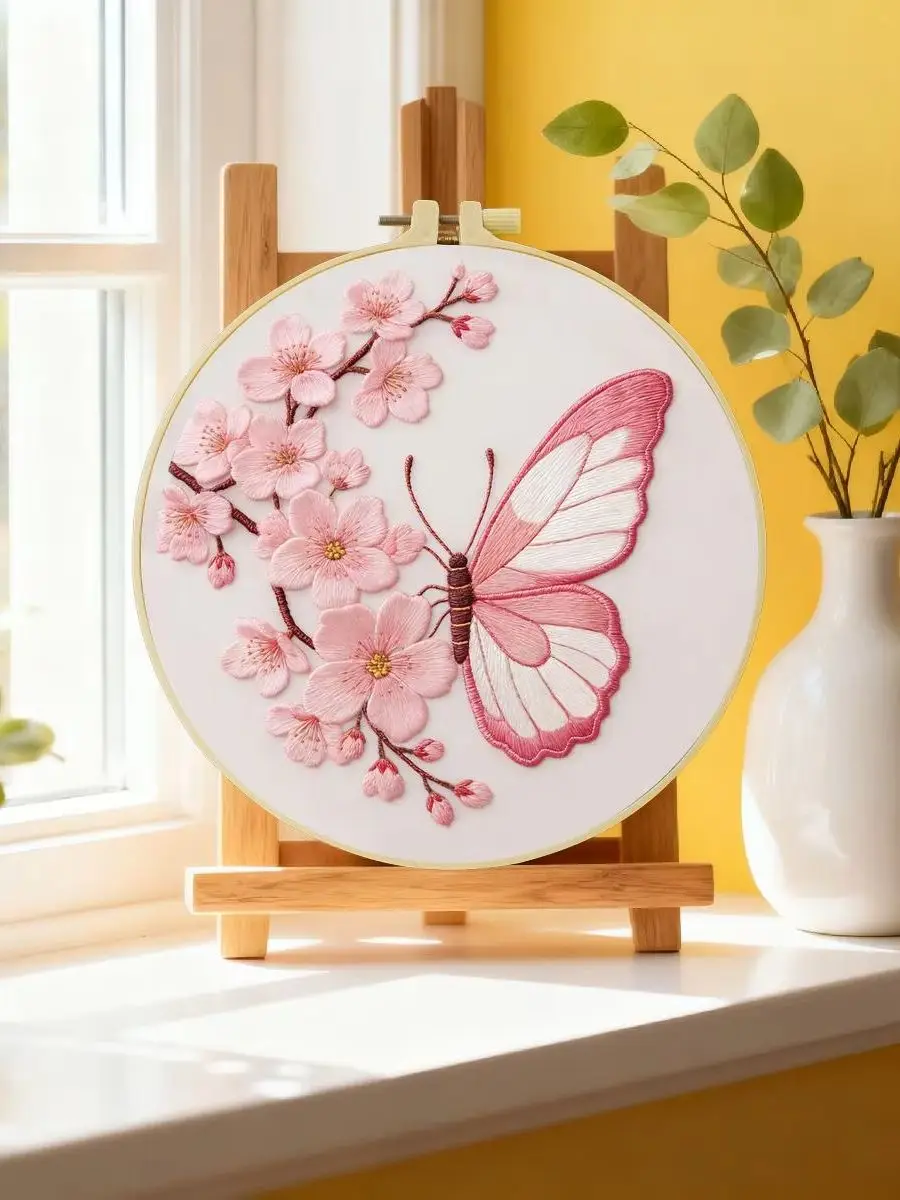1 Stück 20x20 cm/15x15 cm 7,87/6,3 Zoll Pfingstrosen-Schmetterling-Stickerei-Starter-Kit DIY-Kit DIY-Stickerei-Set für Anfänger – Detail 6