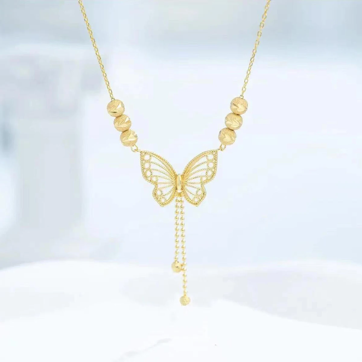 Live Burst Fashion Temperament Titanium Steel Necklace Openwork Five Blessings Beads Butterfly Collarbone Chain Necklace image 3
