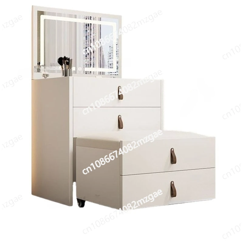 Flip-Top Vanity Table with Mirror Stool and Wheels, Bedroom Makeup Dresser with Storage Cabinet and Nightstand Function