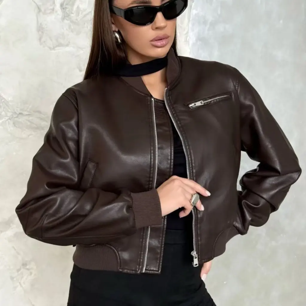 سترة نسائية من الجلد المقلد للدراجات النارية الأمريكية، سترة قصيرة مثيرة بياقة واقفة لربيع الخريف