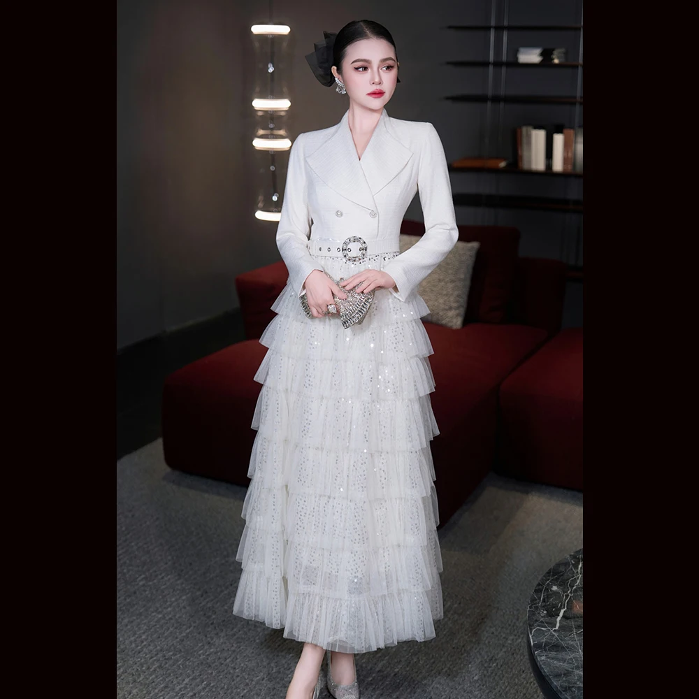 Meyyithun vestido feminino elegante retalhos lantejoulas vestidos lapela manga longa cintura alta emendado em camadas malha festa bolo vestido mx