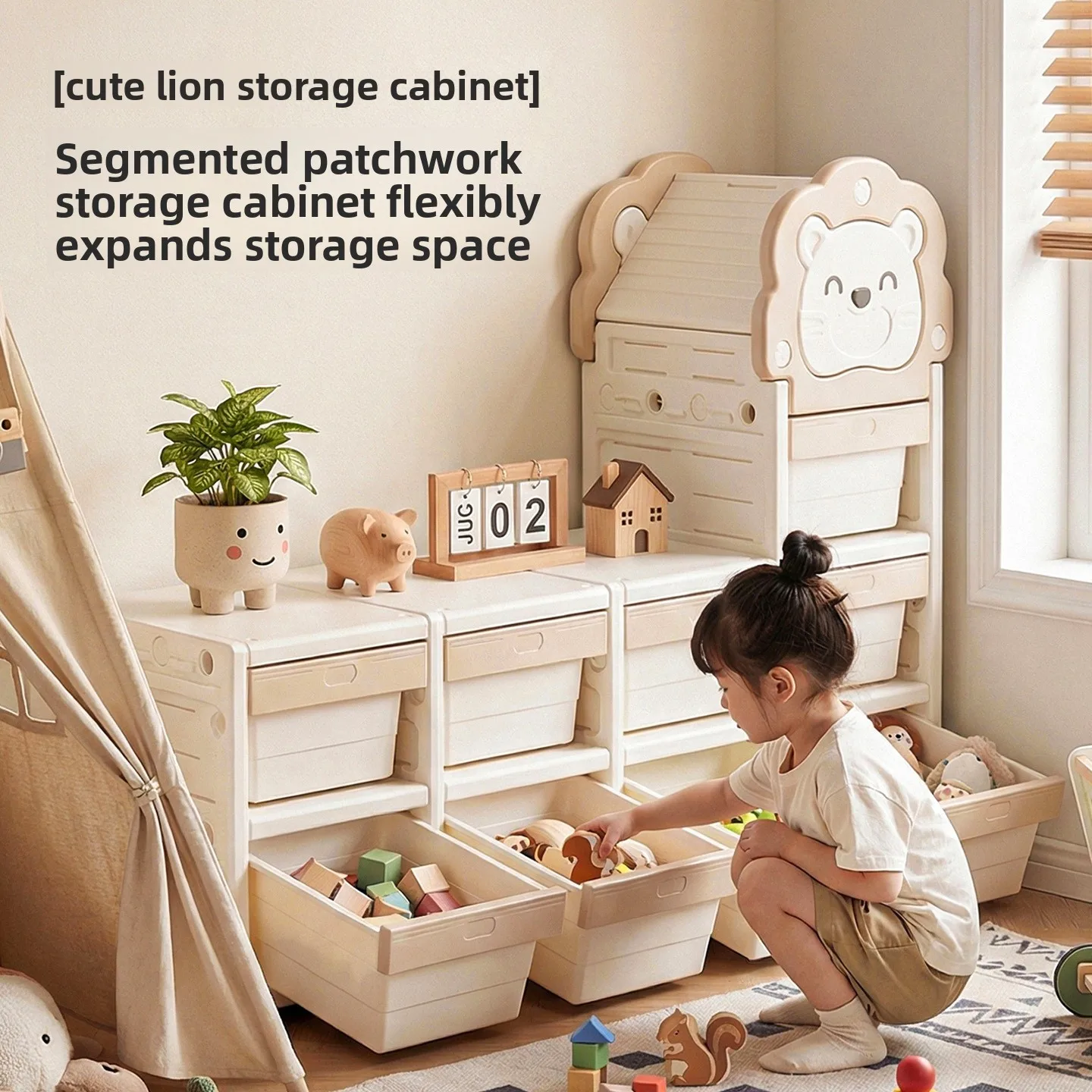 Large Capacity Kids Toy Storage Cabinet, Organizer Shelf with Storage Bins for Baby Feeding Area, Learning Desk Rack