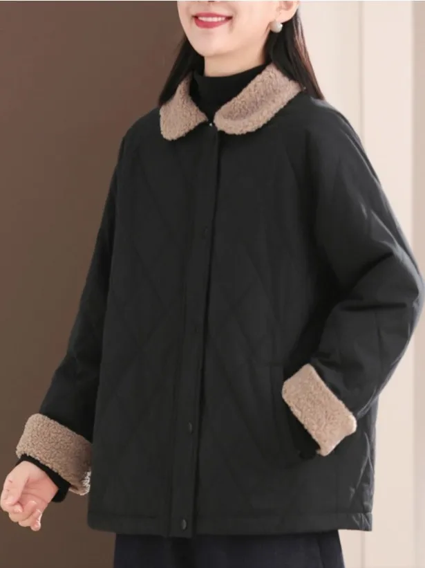 عارضة Sle تقسم فرو الضأن Jaet فضفاضة تناسب القطن اصطف الشتاء ملابس خارجية تأثير التخسيس الماس نمط معطف المرأة