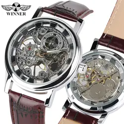 WINNER Men's Watch Transparent Dial Mechanical Hand-winding Watches Leather Band