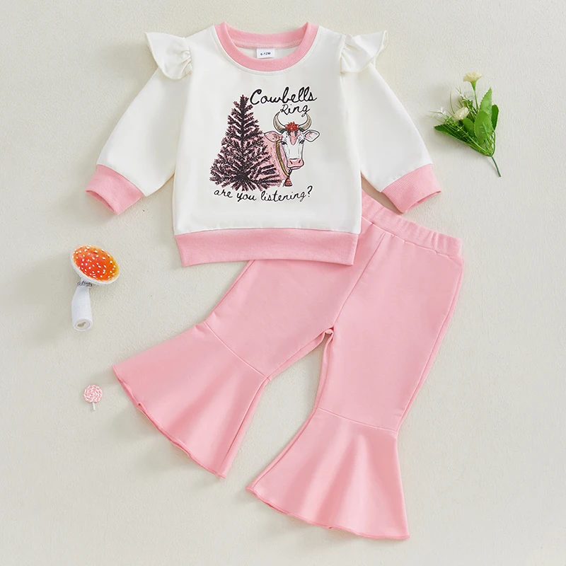 Kid Girls Pants Set Long Sleeve Cow Print Sweatshirt with Flare Pants Clothing Set