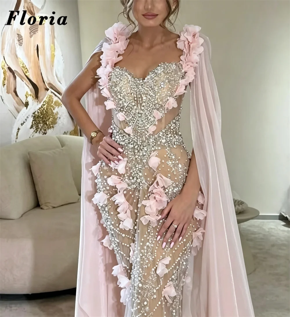 Customized Beaded Flowers Evening Dresses With Cape Luxury Pink Crystals Engagement Dress Vestidos De Cóctel Women's Party Gowns