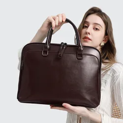 Hifashion-maletín de negocios de cuero de vaca genuino para mujer, bolsos de hombro de 13 y 14 pulgadas, diseñador de tendencia, 2024
