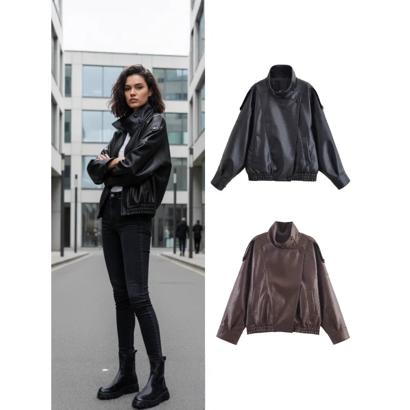 Faux Leather Black Jackets For Woman New Arrival Cropped Oversize Bomber Jacket Zip-Up Long Sleeve Coats Motorcycle Jackets