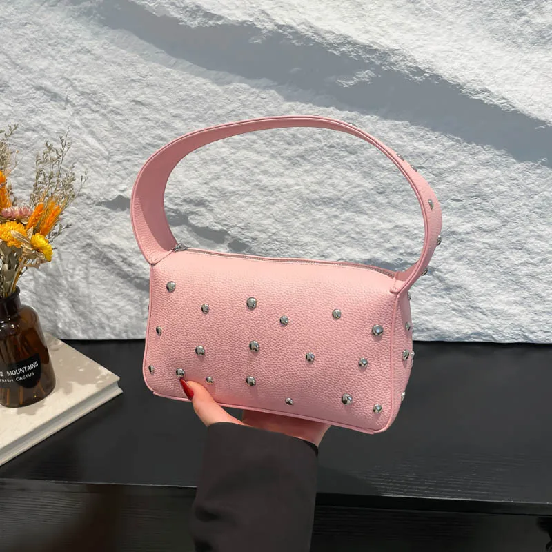 

2025 Euro American Studded Handbag Edgy for Summer Summer Cool Underarm Pillow Bag Studded Versatile