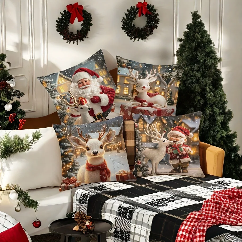 Christmas Pillowcase Modern Polyester Printed Santa Claus and Deer Suitable for Living Room Sofa Office Home Decor Pillowcase