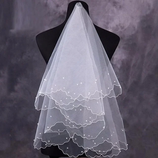 Women Pearl Bridal Veils Wedding Dress Layers Tulle Ribbon Edge Accessories