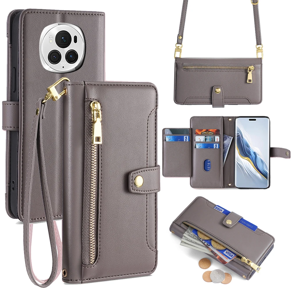 Zipper Wallet Cover for Honor Magic 6 Pro Lite Honor 90 GT 100 Pro X6A A7B X9B X8B Crossbody Flip Case with Long and Short Strap