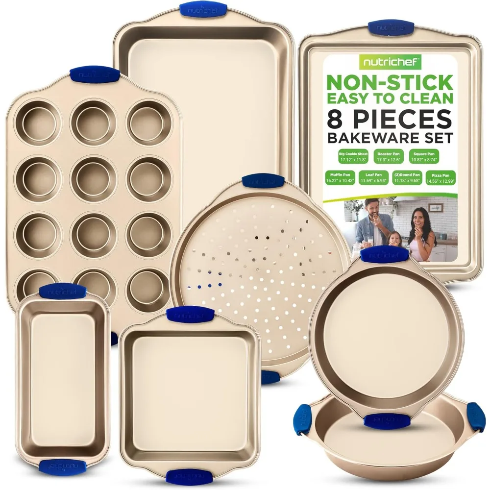 

8-Piece Nonstick Bakeware Set with Blue Silicone Handles, Oven-Safe to 450°F for Baking Pizzas, Muffins, and More
