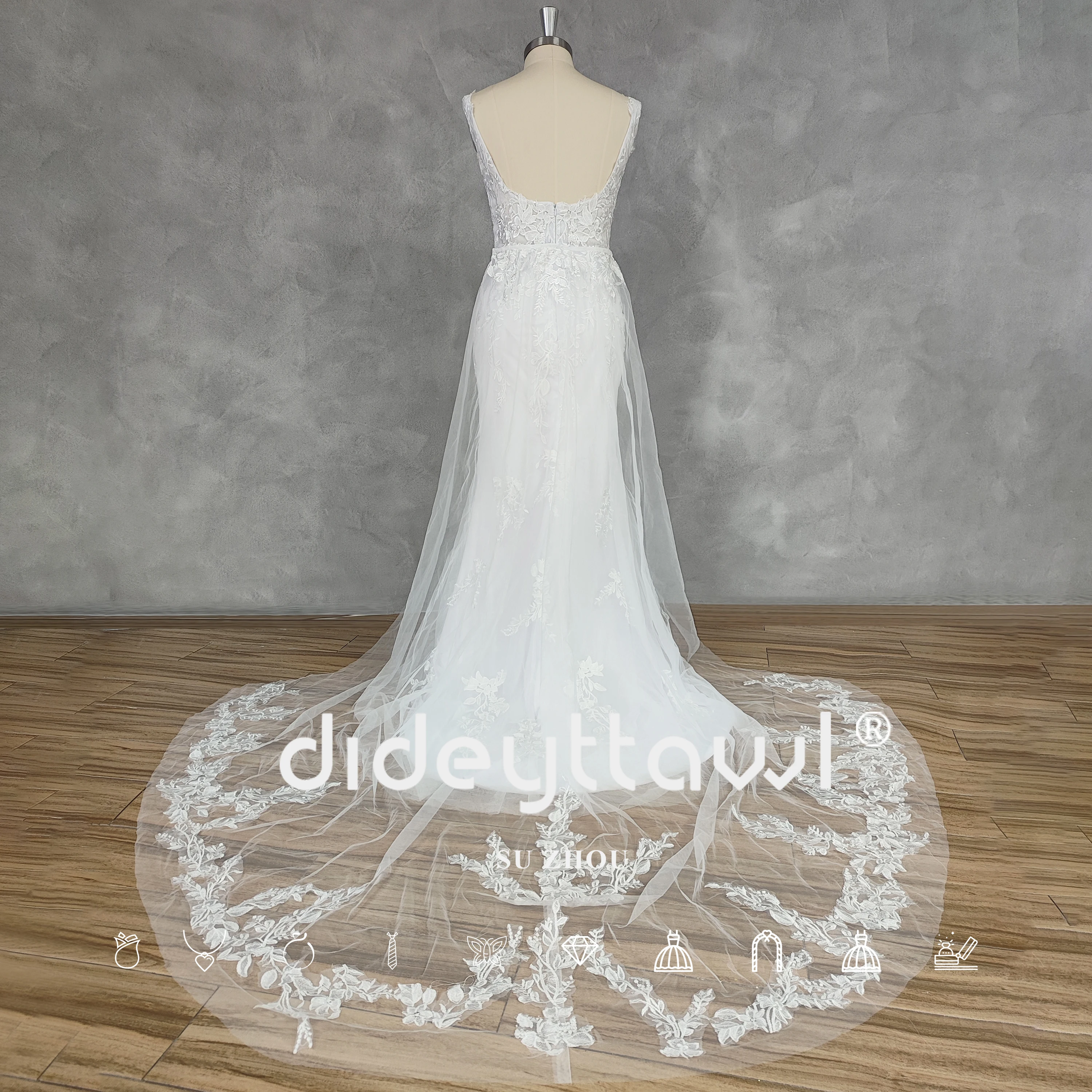 DIDEYTTAWL Real Picture Elegant Square-Neck Sleeveless Mermaid Wedding Dress Detachable Lace Court Train Open Back Bridal Gown