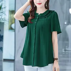 Elegant Ruffles Folds Button Shirt Women's Clothing 2024 Spring Summer New Casual O-Neck Short Sleeve Loose Oversize Blouse Lady