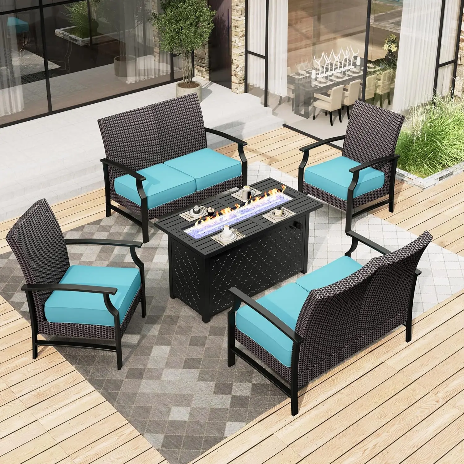 

5 Pieces Fire Pit Patio Furniture Set, 2 X Wicker Chair, 45" Fire Pit Table, 2 X 2-Seat Lover Sofa, All Weather, Customized