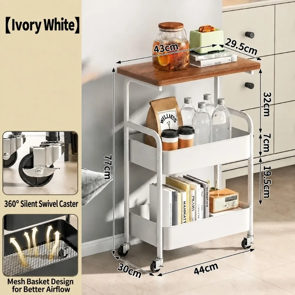 3-Tier Rolling Storage Cart Metal Carbon Steel Mobile Utility Cart Wheels Wooden Tabletop Multi-Level Storage Rack