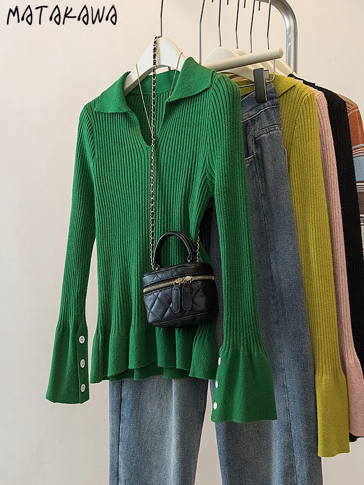 

Matakawa Ruffles V Neck Women Sweaters Flare Sleeve Solid Autumn Winter Pull Femme Korean Fashion Vintage Simple Pullovers