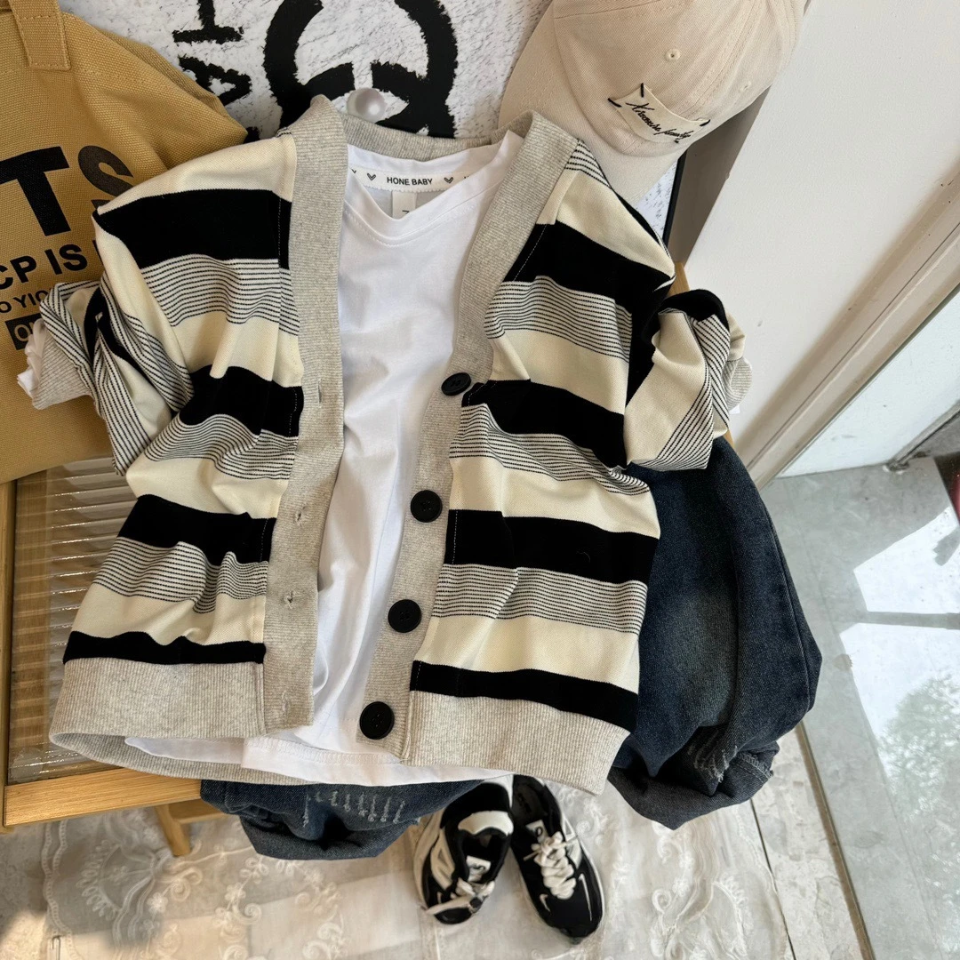 

Children's cardigan and white tshirt 2024 autumn kids clothes foreign style casual tops two-piece set