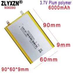 1-12PCS 3.7V Lithium Polymer Battery 906090 6000mAh Soft package battery For Power Bank Bluetooth Speakers Tablet DVD 90*60*9mm