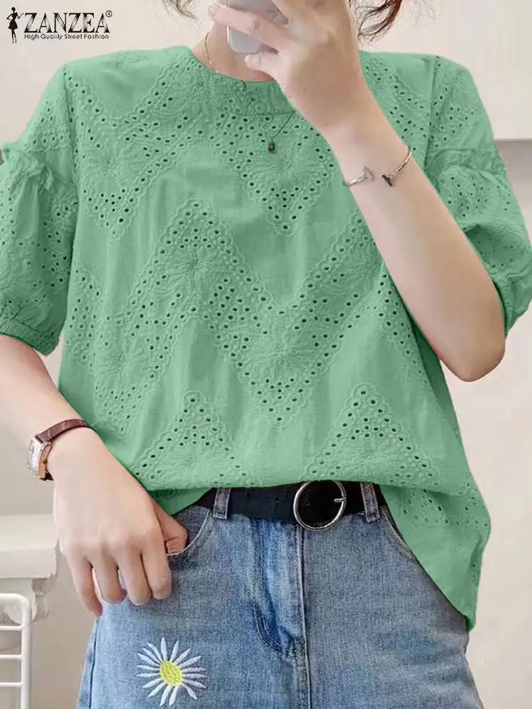 Elegant Short Sleeve Lace Crochet Shirt 2024 ZANZEA Fashion Summer Blouse Women Work OL Tops Hollow Out Blusas Causal Chemise