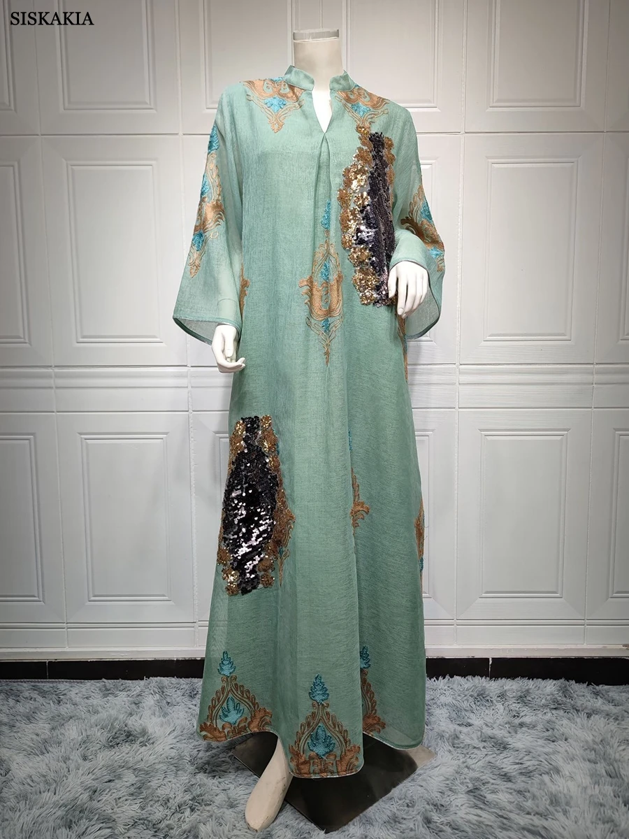 Muslim Abaya Dress Dubai Ramadan Sequins Floral Embroidered Casual Loose Robe Moroccan Caftan Dresses For Women