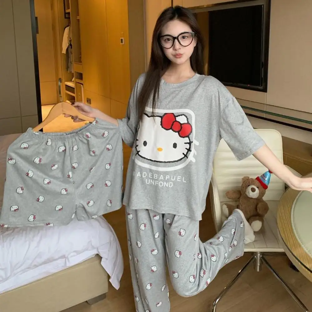 

3Pcs Cute Hello Kitty Pajamas Suit for Women Sanrio Anime Kt Cotton Short Sleeves Pants Cartoon Girls Student Home Clothing Set