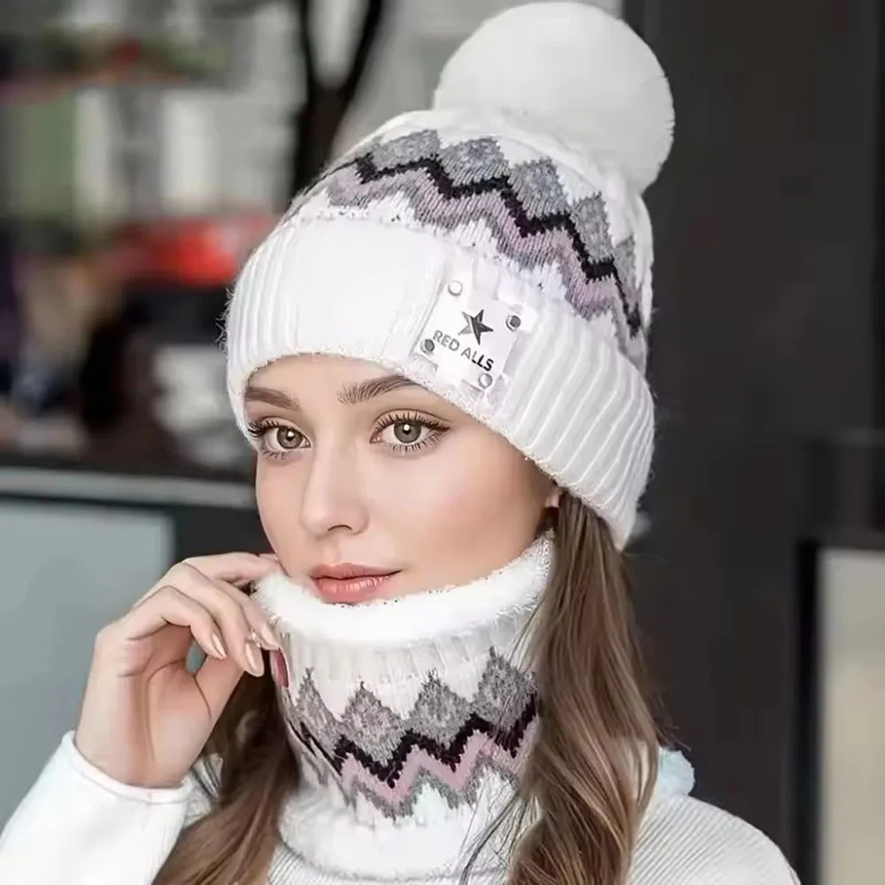 2pcs Set Winter Women Plush Velvet Hats Neck Warmer Hat Scarf Set Beanies Cycling Windproof Hat Outdoor Ear Protection