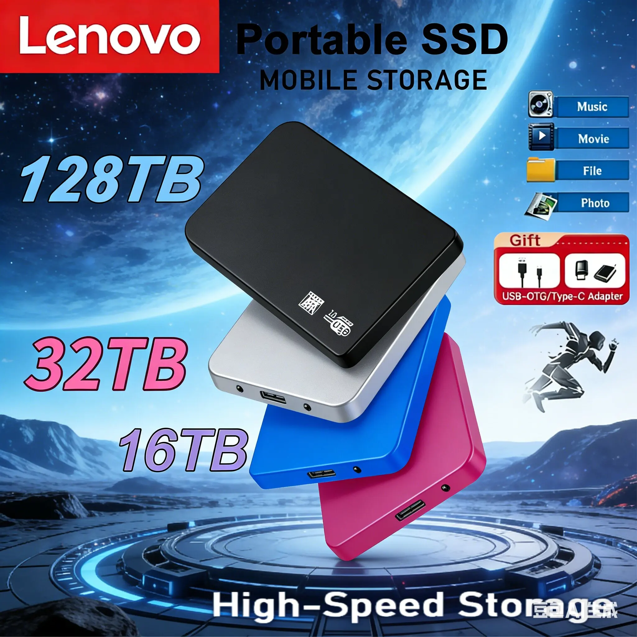 

2026 Lenovo 128TB SSD Enclosure USB 3.0 High Speed External Hard Drive Case ABS HDD Box With USB3.0 Cable