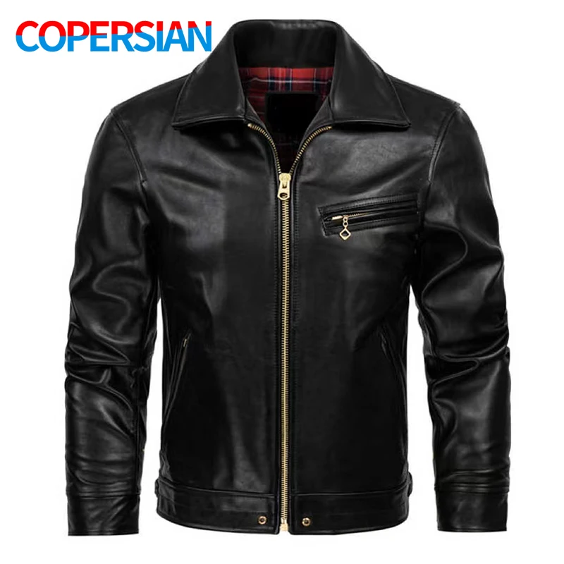 

Black Classic Natural Cowhide Jacket Men's, Top Layer Cowhide Simple Slim Fashion Corium Moto Coat