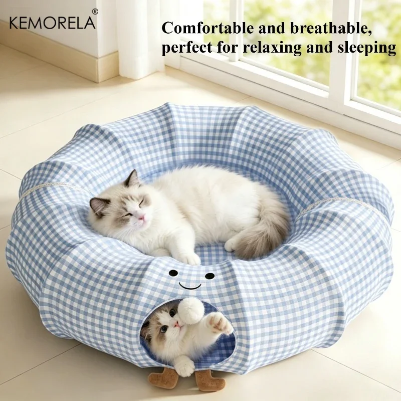 Foldable Cat Tunnel Bed Soft Breathable Pet Play House, Dual-use Round Cat Nest Interactive Toy for Kitten Small Dogs Sleeping