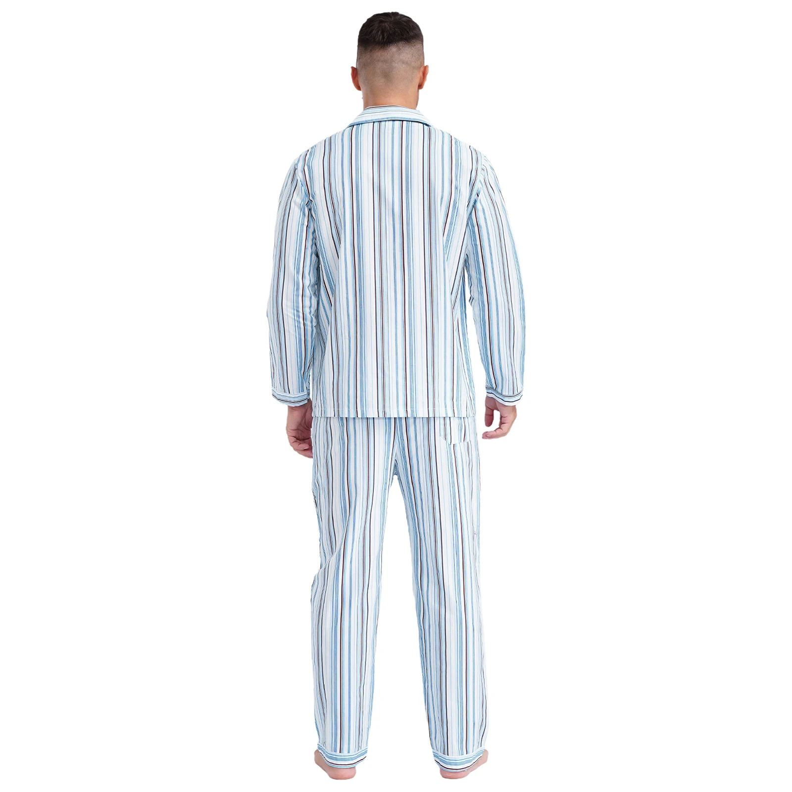 Adult Men Cotton Soft Striped Pajama Set Loungewear Sleepwear Long Short Sleeve Button Down Shirts And Long Pants Set Homewear